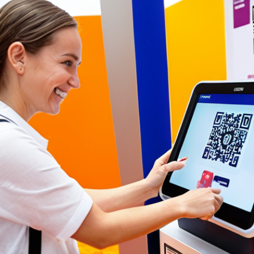 **

Prompt: "Close-up shot of a smiling event attendee smoothly scanning a QR code at a registration kiosk. The background features blurred, vibrant event branding with welcoming colors and signage. Focus on the ease and efficiency of the digital registration process."

**