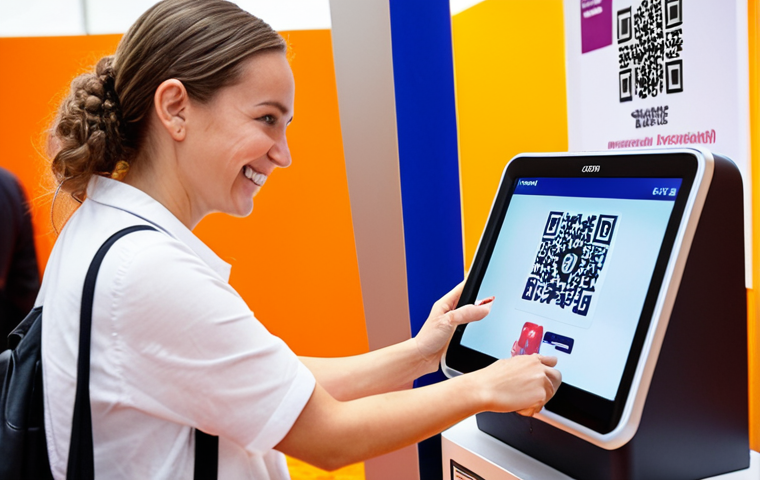 **
Prompt: "Close-up shot of a smiling event attendee smoothly scanning a QR code at a registration kiosk. The background features blurred, vibrant event branding with welcoming colors and signage. Focus on the ease and efficiency of the digital registration process."
**