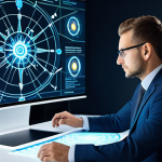 A focused professional in a modest business suit, seated at a modern, clean desk in a bright, contemporary office space. The professional is looking thoughtfully at an interactive holographic display or a transparent screen that visualizes a complex network of interconnected skills, represented by glowing nodes and lines, branching out into various professional career paths. Subtle symbols like gears, lightbulbs, and a compass are integrated into the design, emphasizing skills assessment and career mapping. The overall atmosphere is one of contemplation and opportunity. Perfect anatomy, correct proportions, natural pose, well-formed hands, proper finger count, natural body proportions, fully clothed, appropriate attire, professional dress, safe for work, appropriate content, professional, high-quality, ultra-detailed.