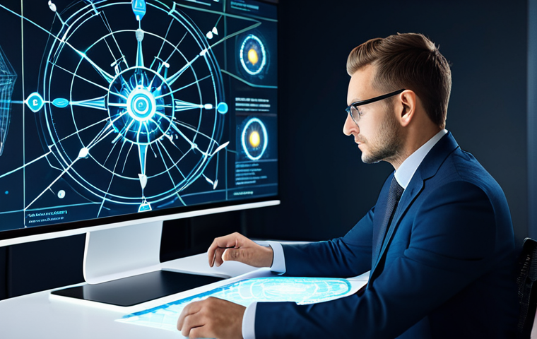 A focused professional in a modest business suit, seated at a modern, clean desk in a bright, contemporary office space. The professional is looking thoughtfully at an interactive holographic display or a transparent screen that visualizes a complex network of interconnected skills, represented by glowing nodes and lines, branching out into various professional career paths. Subtle symbols like gears, lightbulbs, and a compass are integrated into the design, emphasizing skills assessment and career mapping. The overall atmosphere is one of contemplation and opportunity. Perfect anatomy, correct proportions, natural pose, well-formed hands, proper finger count, natural body proportions, fully clothed, appropriate attire, professional dress, safe for work, appropriate content, professional, high-quality, ultra-detailed.