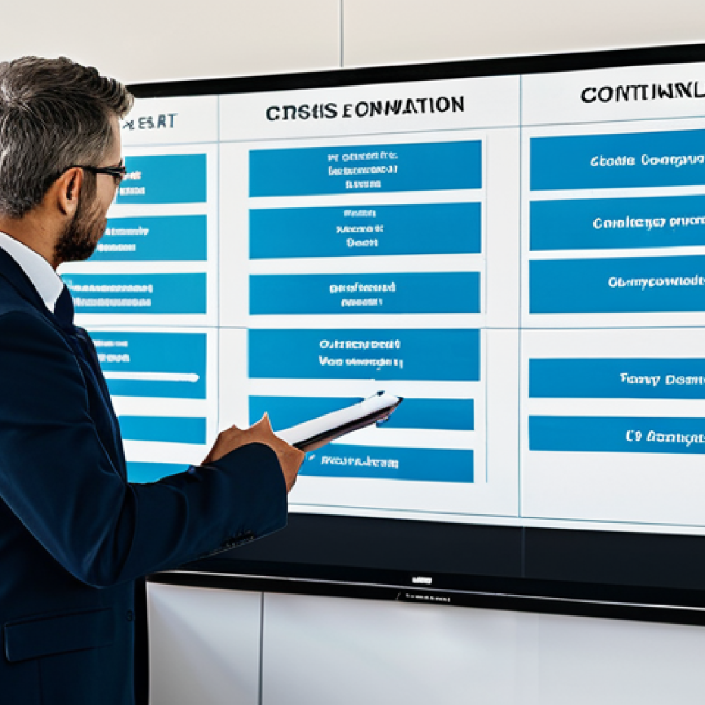 **

A well-organized event management team in a modern office setting, reviewing a crisis communication plan on a large screen. The room is brightly lit with natural light, and team members are dressed in smart casual attire. The screen displays a clear, easy-to-understand flowchart. Safe for work, appropriate content, fully clothed, professional environment, perfect anatomy, natural proportions, high quality. Focus on collaboration and preparedness, reflecting a "culture de l'apprentissage continu".
Safe for work and family-friendly.

**
