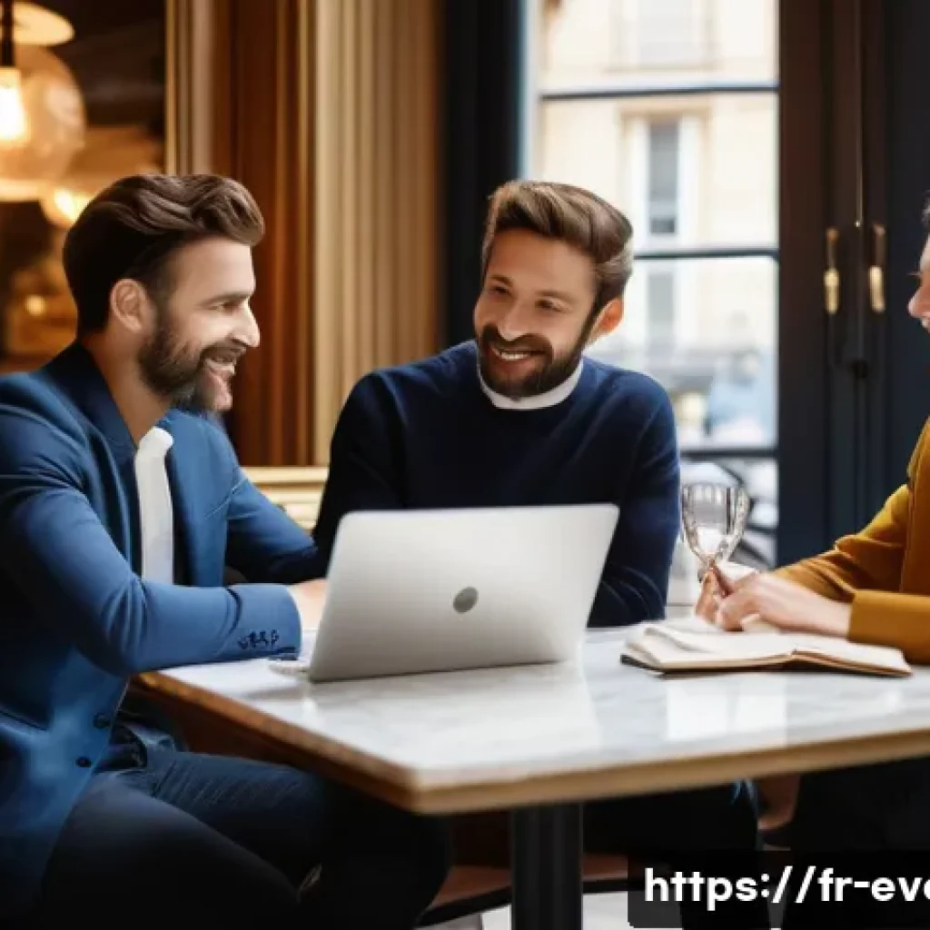 이벤트기획자 프리랜서로 일하기 - A professional freelance event planner consulting attentively with a diverse French couple in a chic...