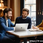 이벤트기획자 프리랜서로 일하기 - A professional freelance event planner consulting attentively with a diverse French couple in a chic...