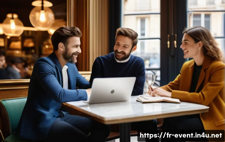 이벤트기획자 프리랜서로 일하기 - A professional freelance event planner consulting attentively with a diverse French couple in a chic...