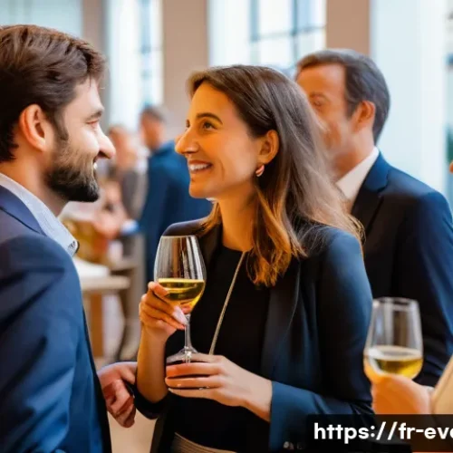 이벤트기획 협회와 네트워킹 방법 - A lively professional networking cocktail event set in a modern French venue, featuring diverse atte...