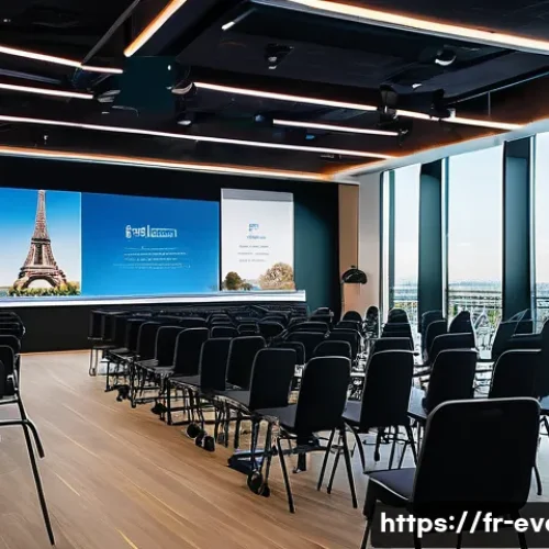이벤트기획 업무 사례 공유 - A modern corporate seminar setting in Paris, featuring a spacious conference room with large windows...