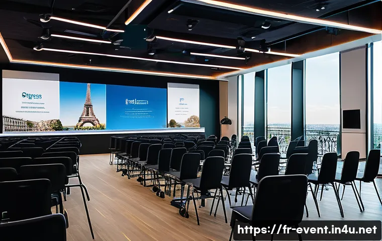 이벤트기획 업무 사례 공유 - A modern corporate seminar setting in Paris, featuring a spacious conference room with large windows...