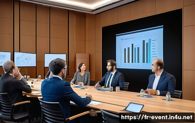 이벤트기획자 필수 이론 정리 - A professional seminar scene set in a modern French conference room, featuring a diverse group of we...