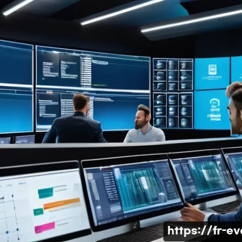 이벤트기획에서 기술 활용 사례 - A modern event coordination control room scene showing diverse professionals collaborating around mu...