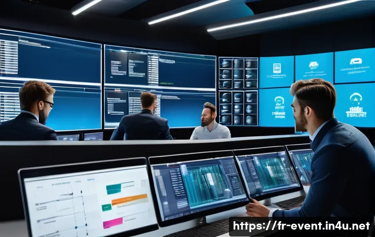 이벤트기획에서 기술 활용 사례 - A modern event coordination control room scene showing diverse professionals collaborating around mu...