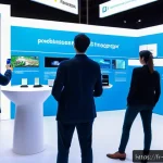 이벤트기획 실무에서 필요한 기술 - A modern professional trade show booth featuring augmented reality technology in use: diverse attend...