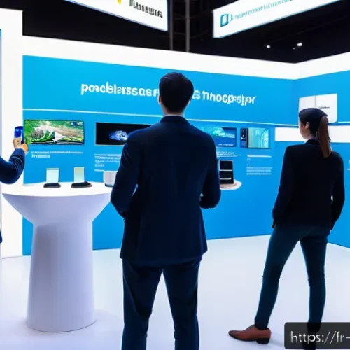이벤트기획 실무에서 필요한 기술 - A modern professional trade show booth featuring augmented reality technology in use: diverse attend...