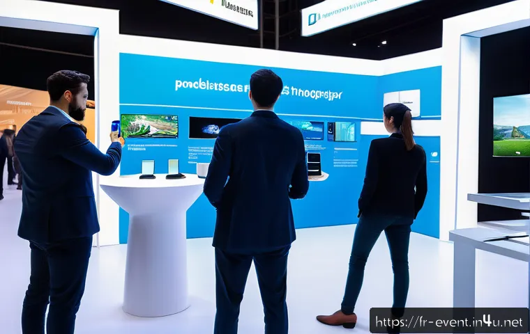 이벤트기획 실무에서 필요한 기술 - A modern professional trade show booth featuring augmented reality technology in use: diverse attend...